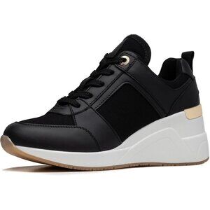 Cestfini Women Black Wedge High Heeld Lace Up Daily Wear Sneaker for Casual